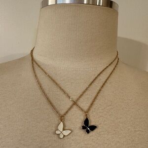 Gold Butterfly Pendant Necklace Set (Black & White, Pack of 2)